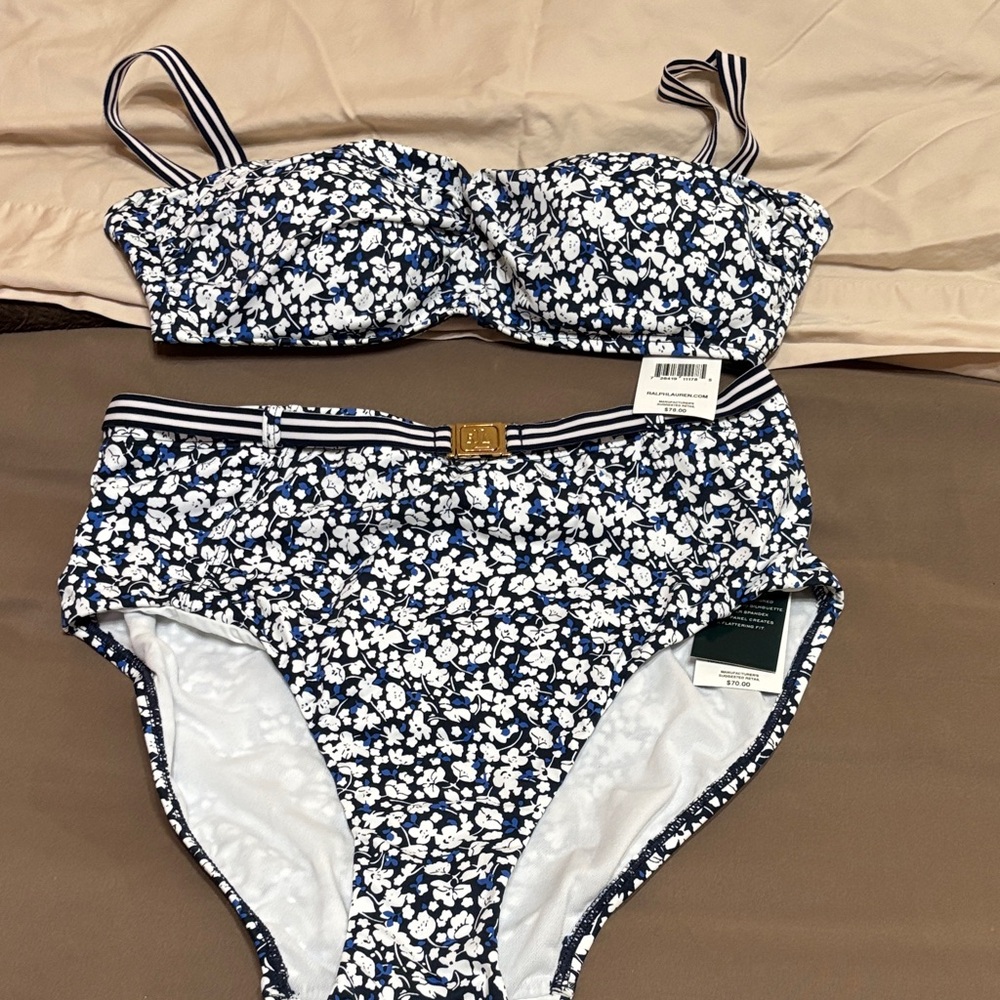 Ralph Lauren Navy Blue and White Floral High-Waist Bikini Set